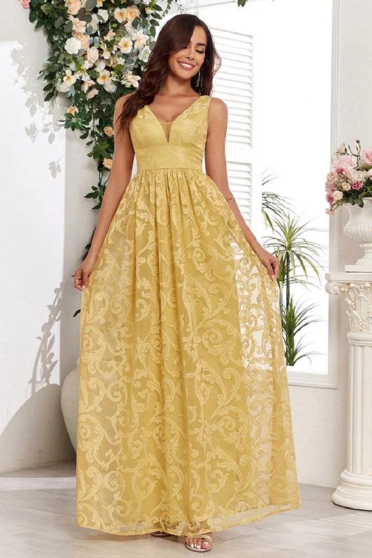 Puffy Sleeve Party Dress for Trendy -Yellow V-Neck Long Prom Dress With Appliques