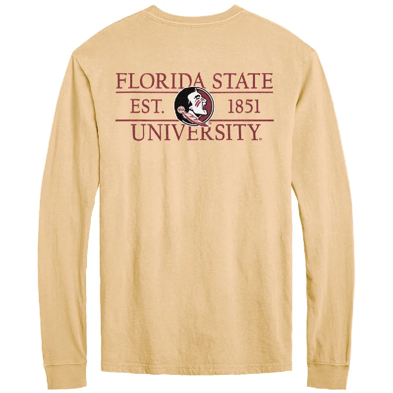 Cotton Shirts for Comfort -League Adult/Unisex Seminole Logo/Florida State Design Long Sleeve Pocket T-shirt - Vegas Gold