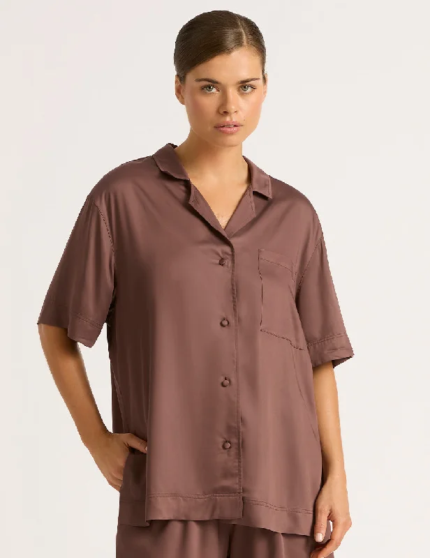 Denim Shirts for Stylish -Vegan Silk Short Sleeve Sleep Shirt - Garnet