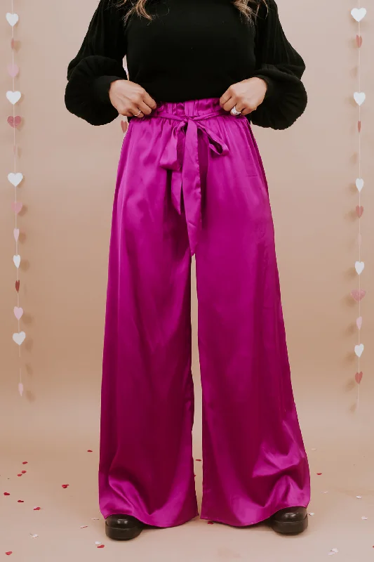 Tight trousers for women with vertical stripes and slimming effect for a sleek look -Best For Last Satin Pant, Magenta