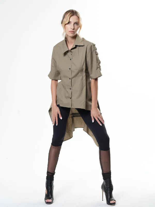 Tunic Blouses for Oversized -Asymmetric Shirt With Open Back In Khaki