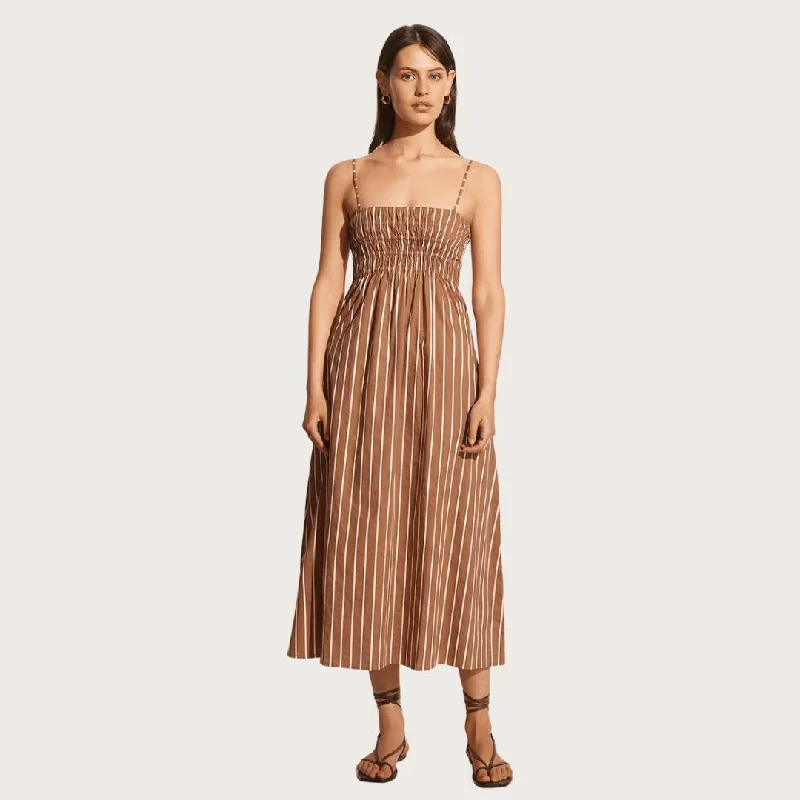 High-waisted Dresses for Flatter -Marieka Midi Dress (Adia Stripe Hazelnut)