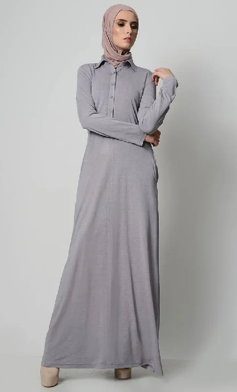 Green Blouses for Nature -Simple  Collar Shirt Style Abaya -Grey