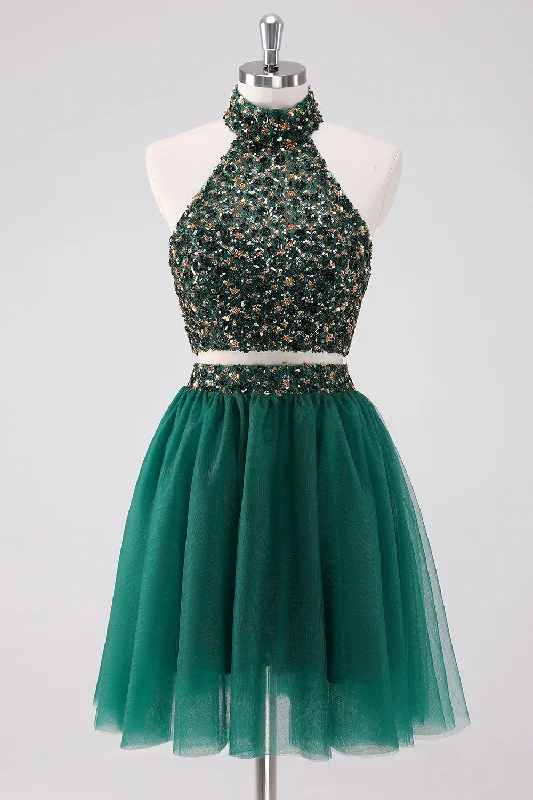 Brown Dresses for Earthy -Sparkly A-Line Dark Green Halter Short Homecoming Dress with Sequins