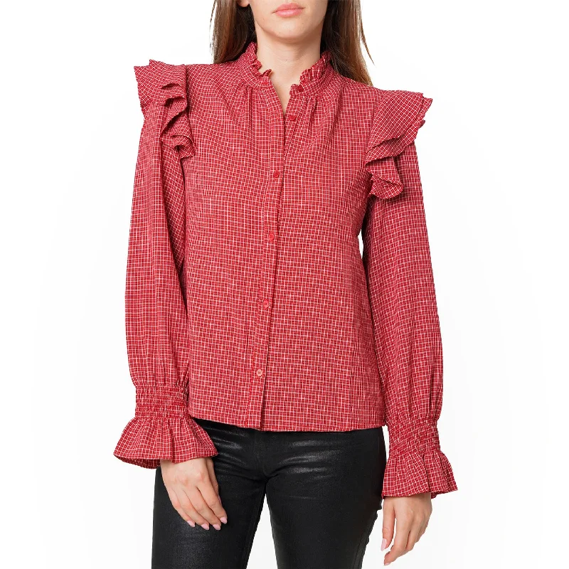 Triple Blouses for Complex -Women's Ruffle Detailed Plaid Shirt in Red