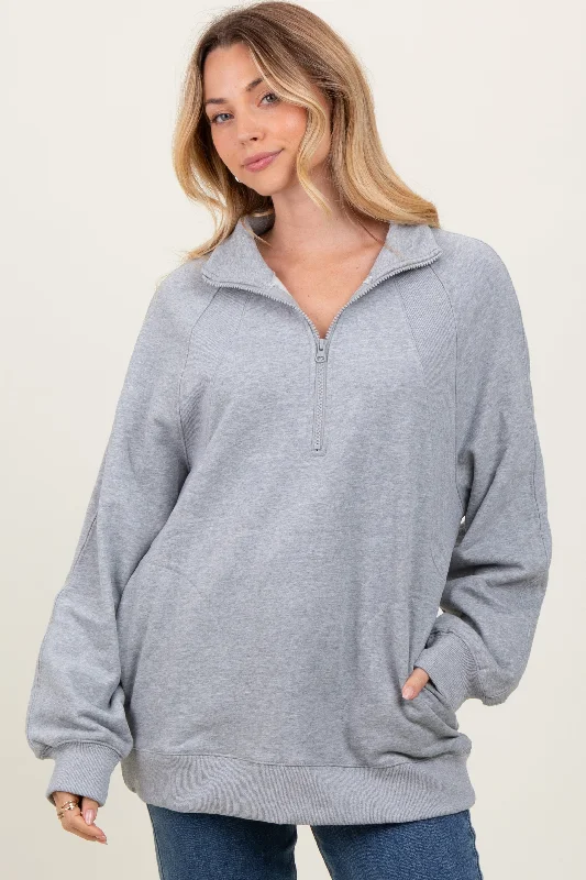 Hippie Blouses with Beads -Heather Grey Half Zip Contrast Rib Sweatshirt Top