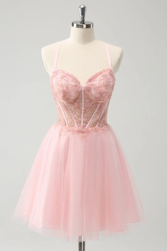 Cotton Dresses for Comfort -Pink Tulle A-Line Short Homecoming Dress with Beading