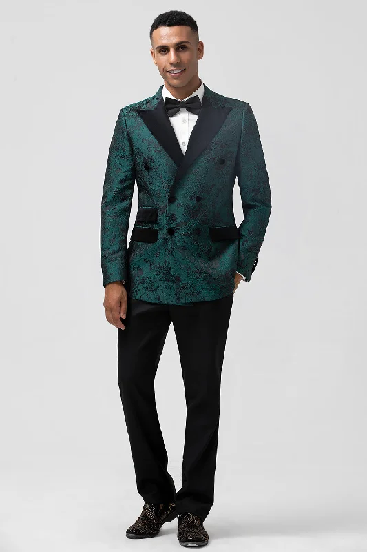 Checkered Party Dress for Trendy Style -Dark Green Jacquard Peak Lapel 2 Pieces Men's Prom Suits