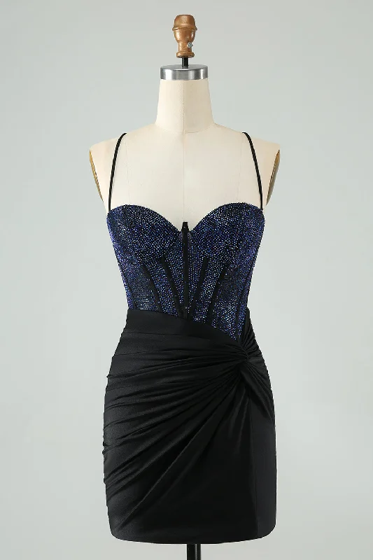 Sleeveless Dresses for Coolness -Glitter Black Bodycon Spaghetti Straps Corset Homecoming Dress with Beading