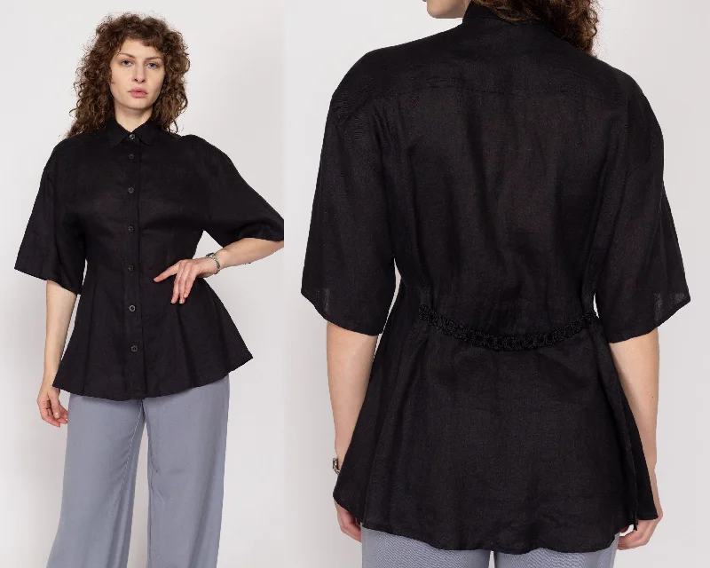 Polo Shirts for Sporty Look -Small 90s Sportmax Black Linen Fitted Waist Shirt