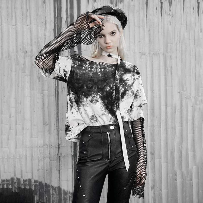 Silk Blouses for Elegant Look -Women's Ink Painting Ripped Stitching Mesh T-shirts