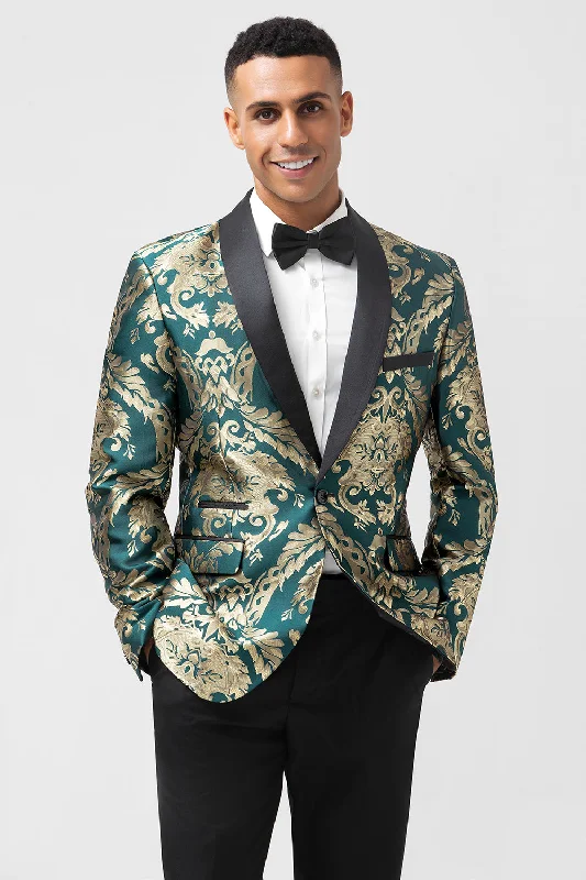 Halter Neck Party Dress for Chic Style -Dark Green One Button Jacquard Men's Prom Blazer with Shawl Lapel