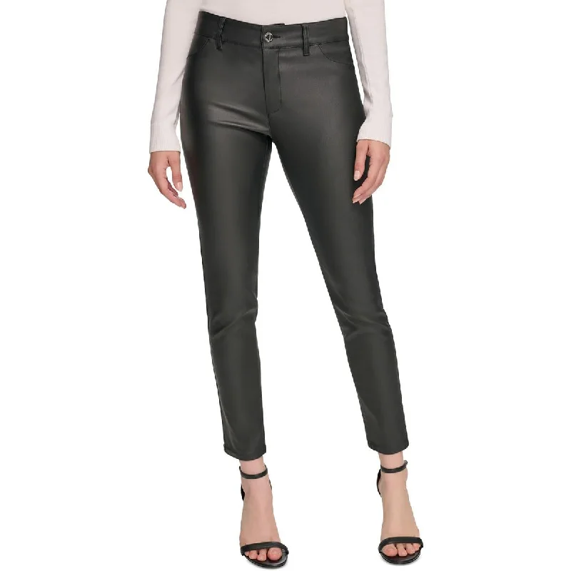 Retro-inspired tight trousers for men with a high-waisted fit and 80s vibe -Calvin Klein Womens Faux Leather Coated Skinny Pants