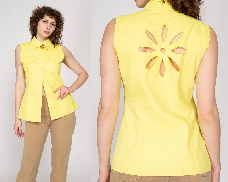 Casual Blouses for Everyday -Medium 90s Yellow Flower Keyhole Shirt