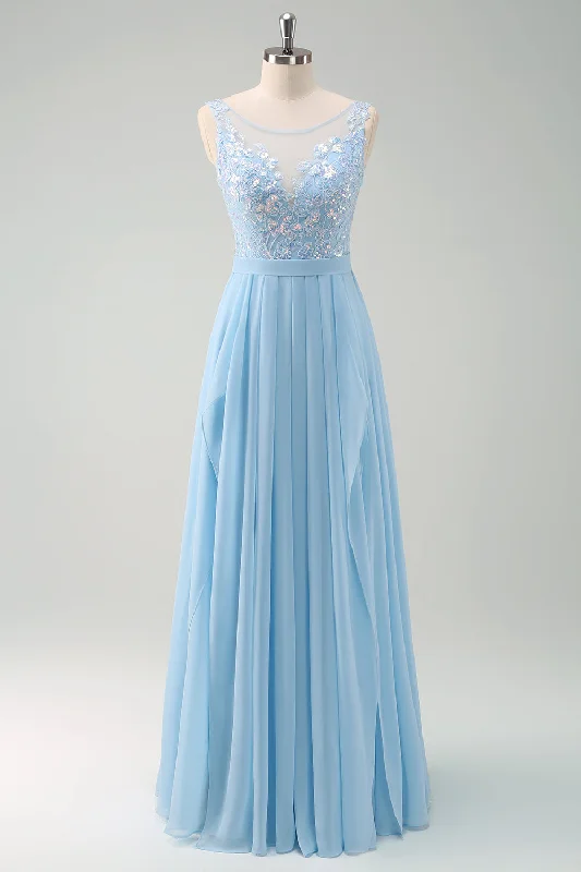 One-shoulder Dresses for Trendy -Sparkly Sky Blue Bateau Neck Pleated Long Bridesmaid Dress