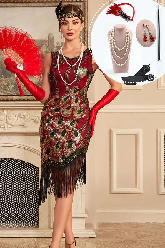 Elastic Dresses for Fit -Sparkly Burgundy Sequins Fringe 1920s Flapper Dress with Accessories Set