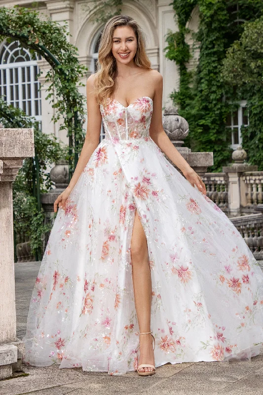 Split Front Party Dress for Dramatic -Ivory Flower A Line Sweetheart Embroidered Corset Long Prom Dress with Slit