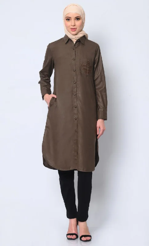 Sleeveless Blouses for Coolness -Classic  Brown Shirt Tunic with Pocket Embroidery