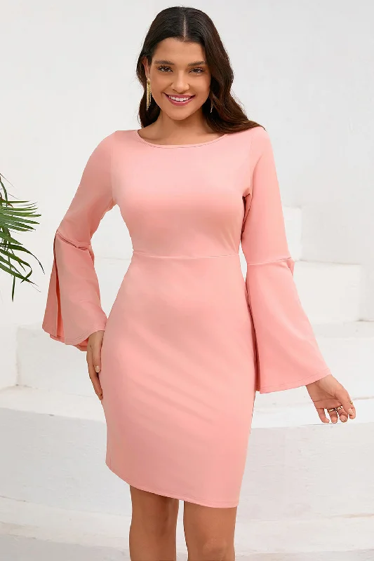 Gothic Dresses with Dark Tone -Bodycon Pink Round Neck Midi Cocktail Dress with Long Sleeves