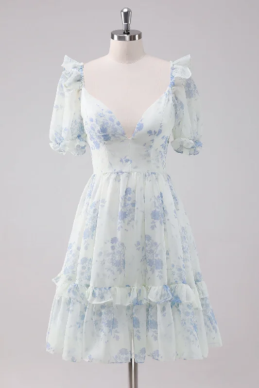 White Dresses for Pure Look -Light Blue Floral Short Homecoming Dress with Short Sleeves