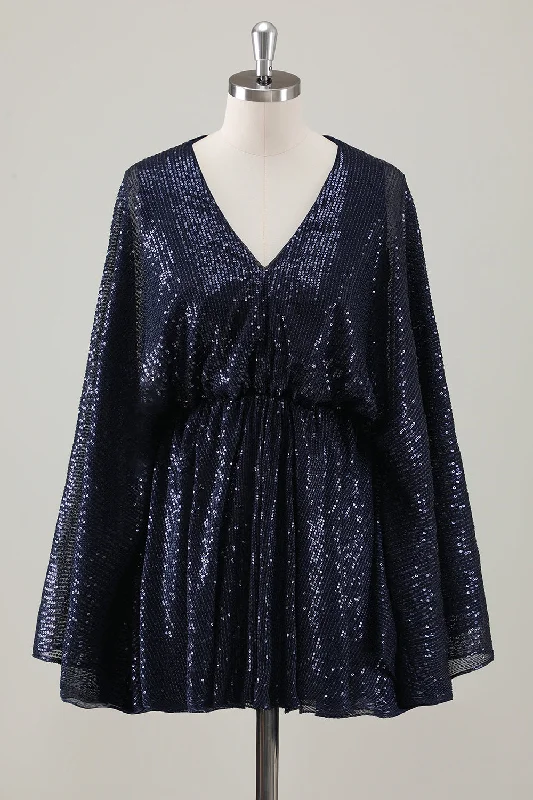 Blue Party Dress for Classic Look -Sparkly Navy Short A-Line Holiday Party Dress with Long Sleeves