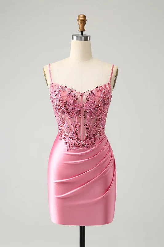 Capri Dresses for Playful -Sparkly Pink Tight Corset Spaghetti Straps Homecoming Dress with Appliques