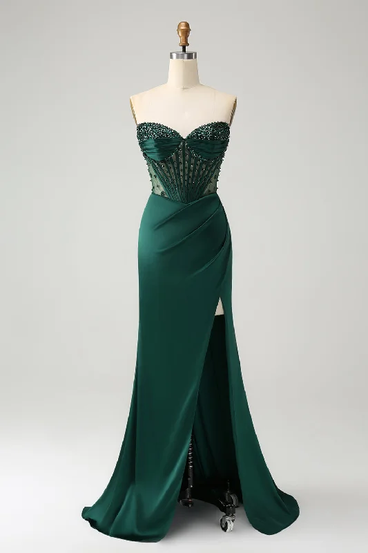 Sundress Dresses for Sunny -Sparkly Dark Green Mermaid Strapless Beaded Corset Long Prom Dress with Slit