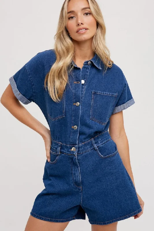 Screw Back Blouses for Security -Medium Denim Button Down Shirt Romper