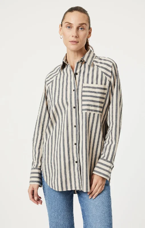 Linen Shirts for Breathable -BUTTON-UP LONG SLEEVE SHIRT IN BEIGE BOLD STRIPE