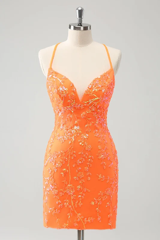 Belted Dresses for Shaping -Sparkly Orange Lace-Up Back Tight Short Homecoming Dress with Sequins