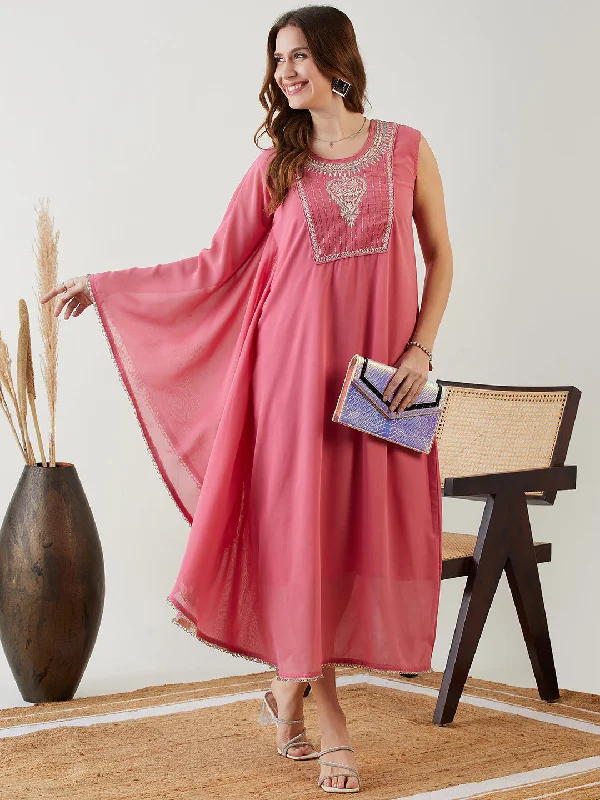 Velvet Bodice Party Dress for Rich -Pink Hand Embroidered Asymmetrical Kaftan Party Dress