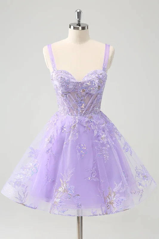 Patchwork Dresses for Bohemian -Lilac A-Line Corset Embroidered Homecoming Dress with Sequins