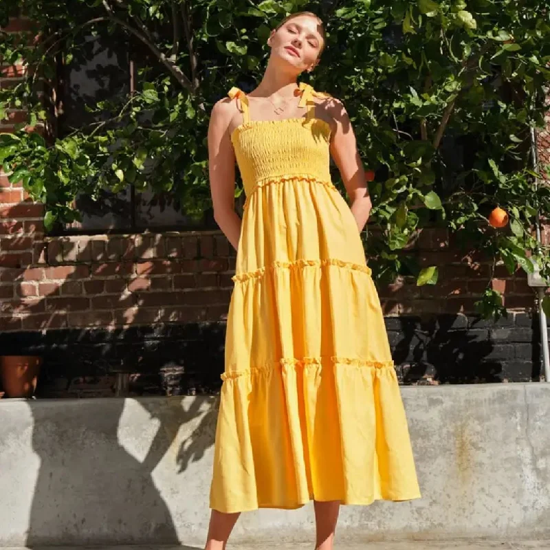 Sequined Dresses for Sparkle -Linen Smocked Tier Midi Dress (Yellow)