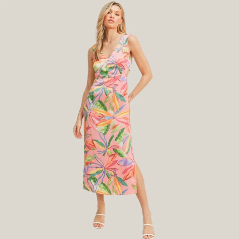 Flared Dresses for Retro -Tie Back Tropical Midi Dress (Pink Green Multi)