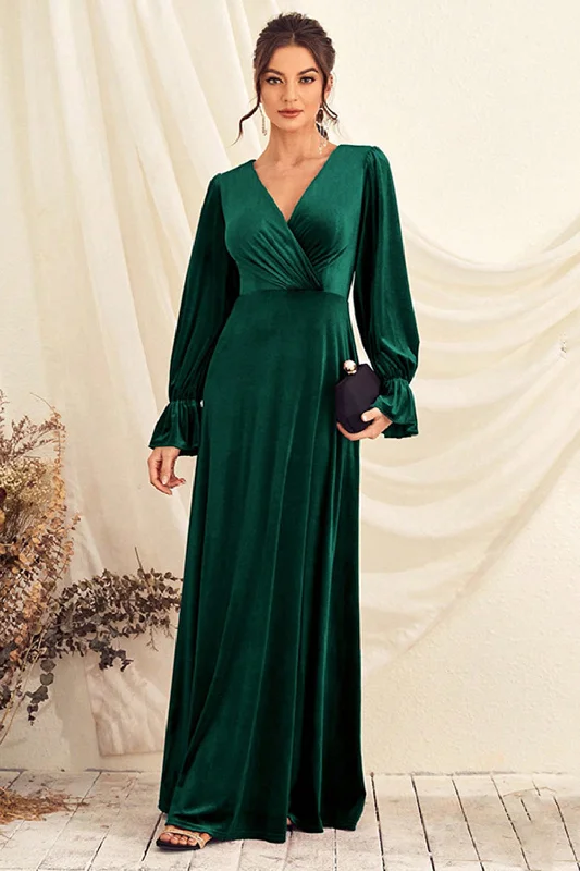 Shift Dresses for Simple Look -Dark Green V Neck Velvet Wrap Long Prom Dress with Long Sleeves