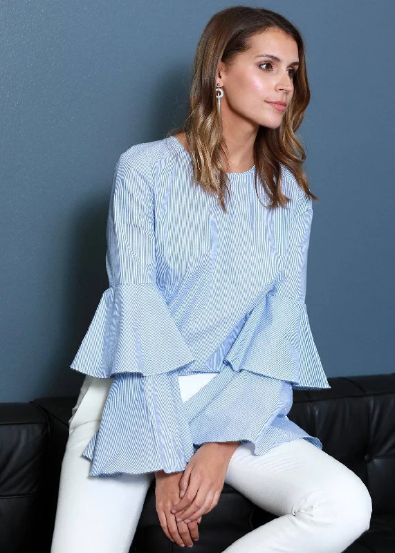 Checkered Shirts for Trend -Women's Ruffle Bell Sleeve Shirt Blouse In Blue