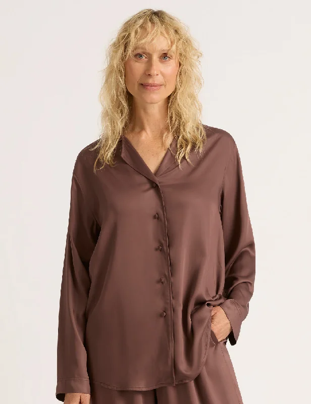 Henley Shirts for Relaxed -Vegan Silk Long Sleeve Sleep Shirt - Garnet