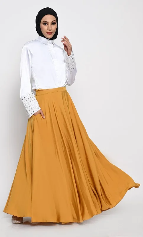 Cotton Blouses for Comfortable -Chic Contrast Satin Shirt and Crepe Skirt Set with Mirror work sleeves