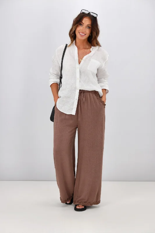 Classic tight trousers for men with slim fit and professional appearance -Grace & Co Ric Rac Trim Linen Pants Chocolate