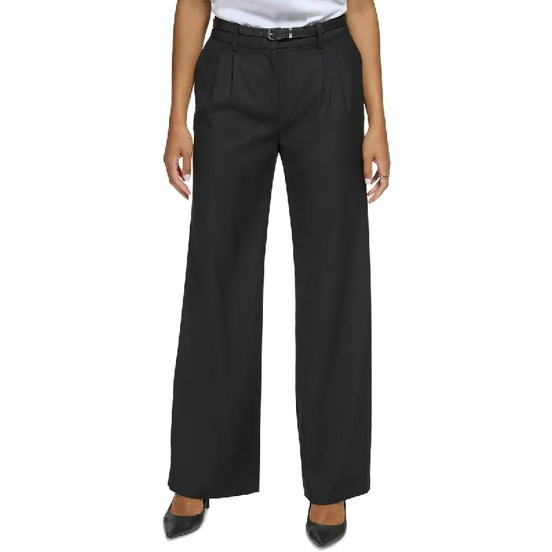 Tight trousers for women with vertical stripes and slimming effect for a sleek look -Calvin Klein Womens Pleated Pinstripe Wide Leg Pants