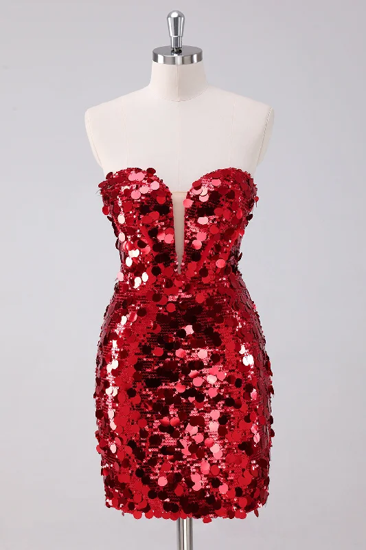 Christmas Dresses for Holiday -Red Sequins Tight Homecoming Dress With Removable Sleeves