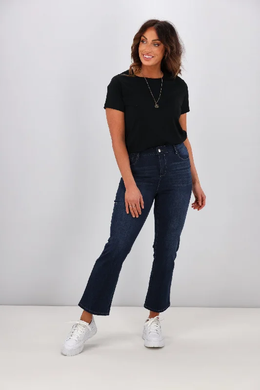 Stretch-fit tight trousers for women with all-over fit and body-hugging silhouette -Shine On Label Sculpt Cropped Bootleg Jeans Super Dark Indigo