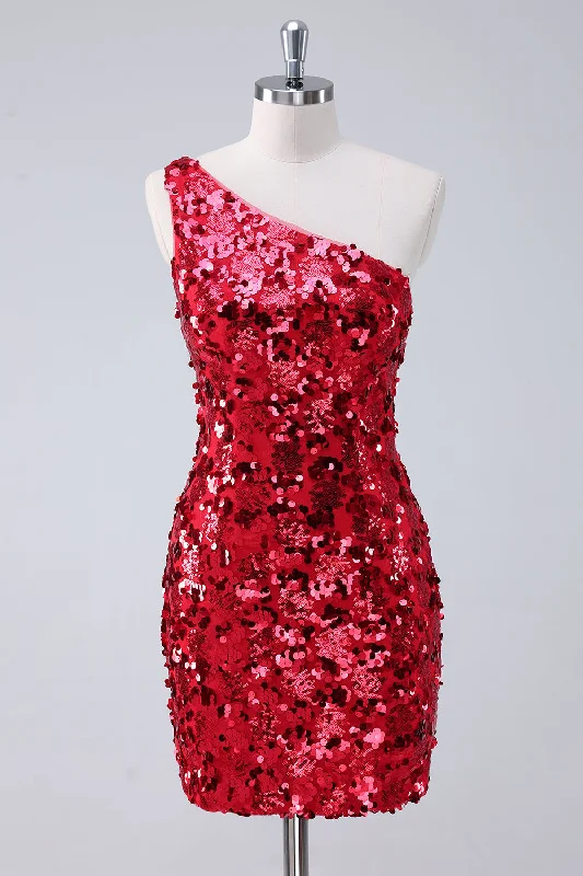 Faux Leather Dresses for Affordable -Sparkly Red One Shoulder Tight Short Homecoming Dress with Sequins