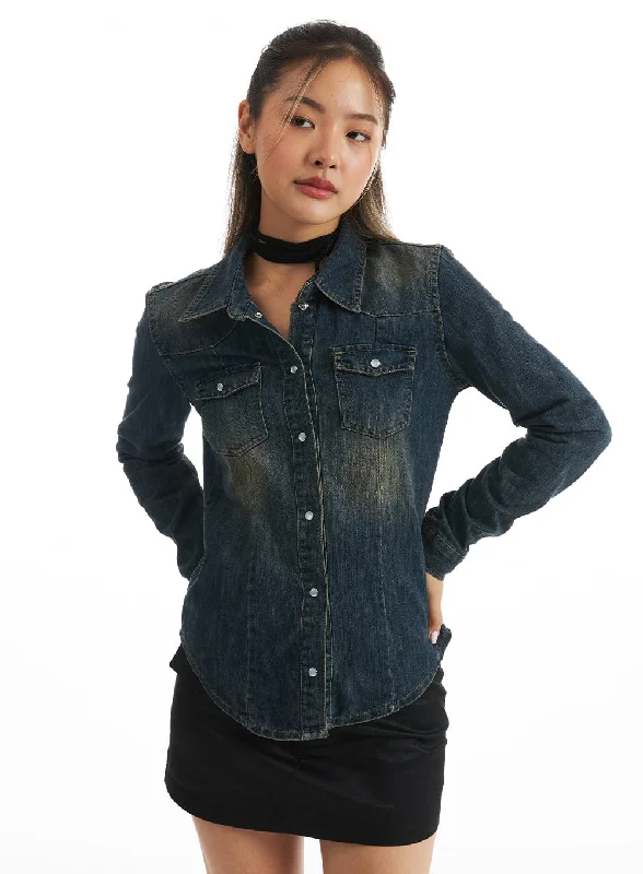 Retro Blouses for Throwback -Timeless Tailored Denim Shirt CO318