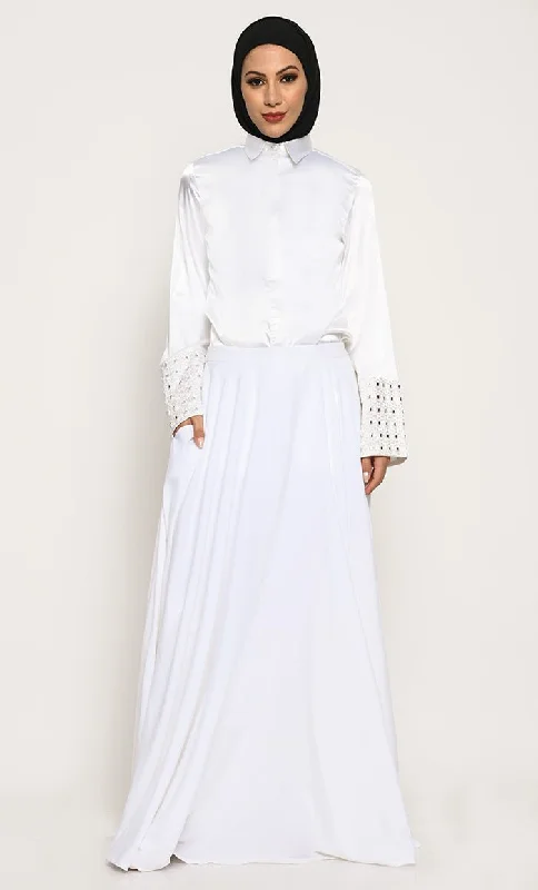 Silk Blouses for Elegant Look -Luxurious White Shiny Satin Shirt and Crepe Skirt Set