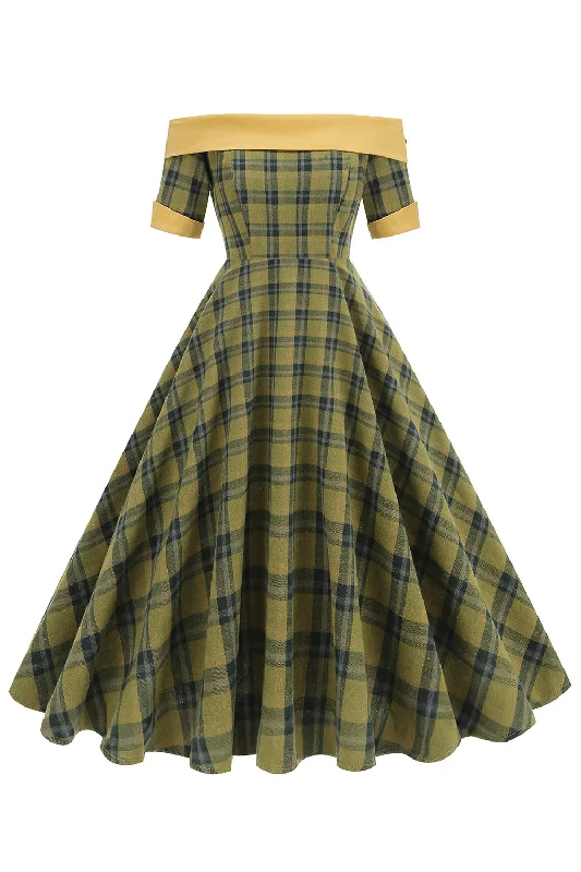 Denim Dresses for Casual Style -Off The Shoulder Green Grid Vintage 1950s Dress