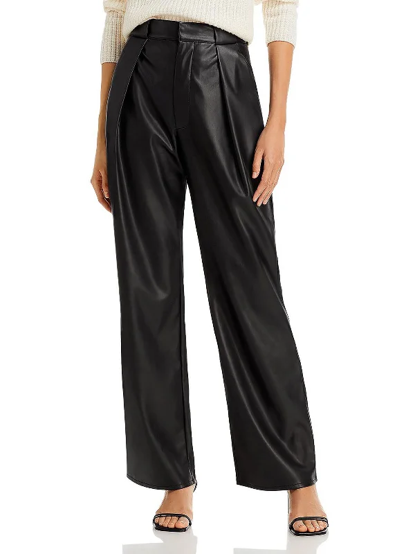 Stretch skinny tight trousers for women with full-length design and modern flair -Womens Faux Leather High Waist Wide Leg Pants