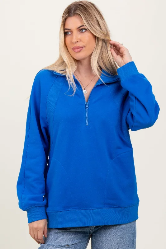 Tall Blouses for Long Body -Blue Half Zip Contrast Rib Sweatshirt Top