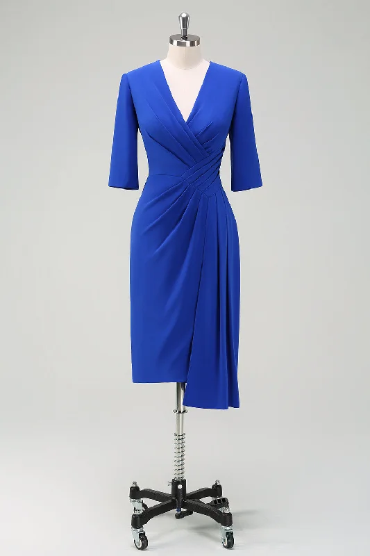 Party Dress for Themed Party -Royal Blue V-Neck Pleated Bodycon Cocktail Party Dress