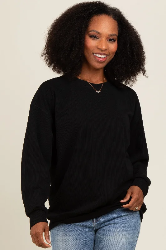 Floral Blouses for Romantic -Black Drop Shoulder Sweatshirt